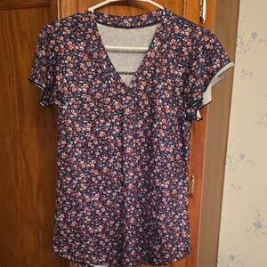 Navy Floral V-Neck Blouse